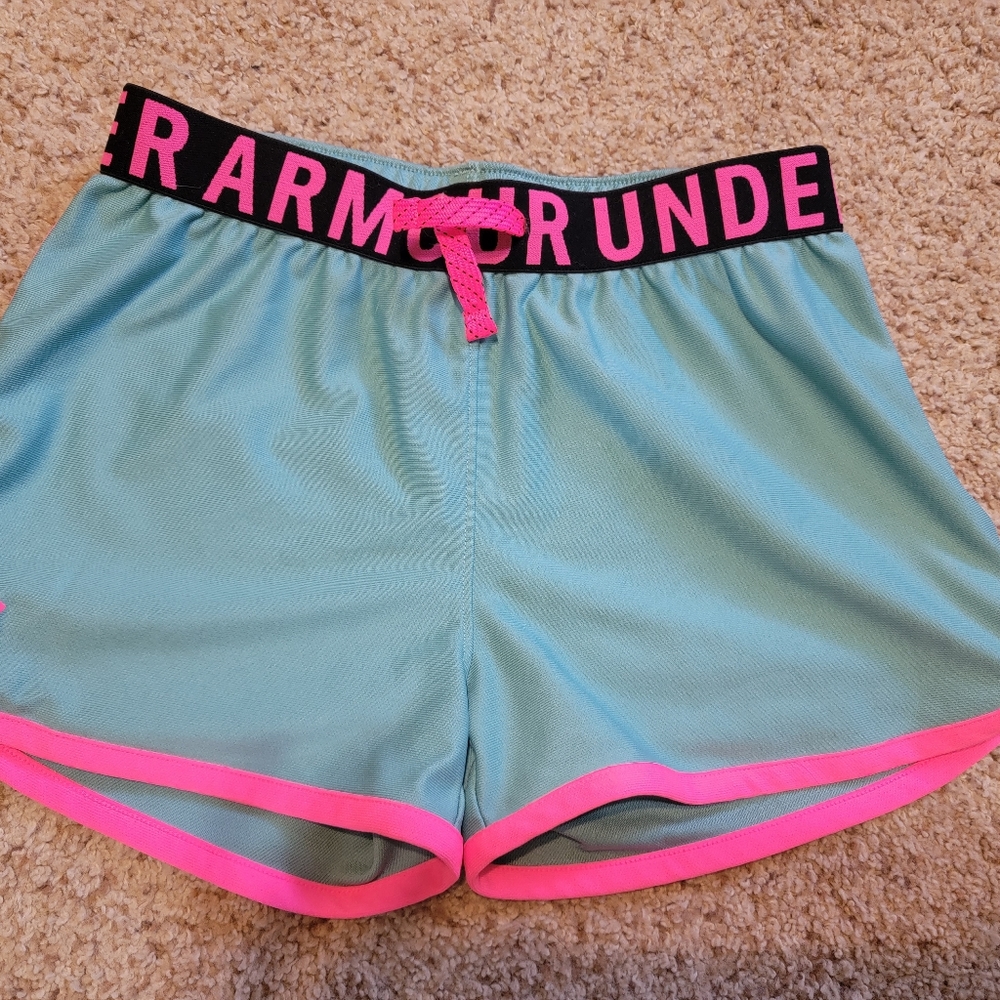 Under Armour Girls Athletic Shorts Size YLG, Teal with Pink Trim